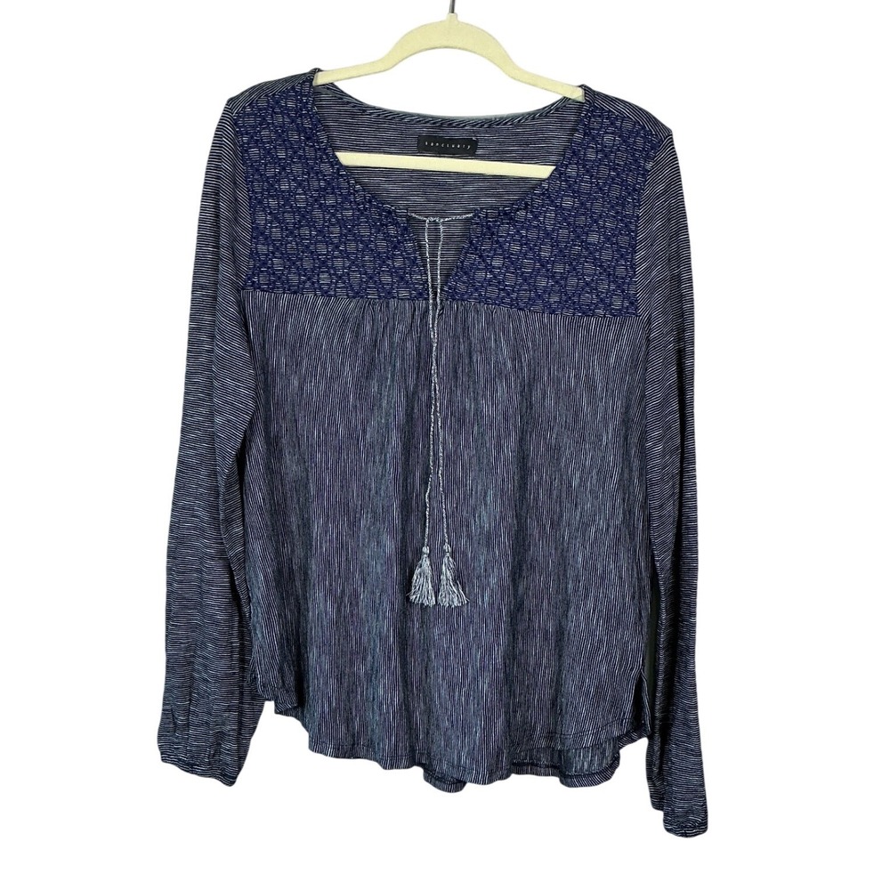 Sanctuary Navy White Pinstripe Embroidered Lace Yoke Tassel Peasant Blouse
